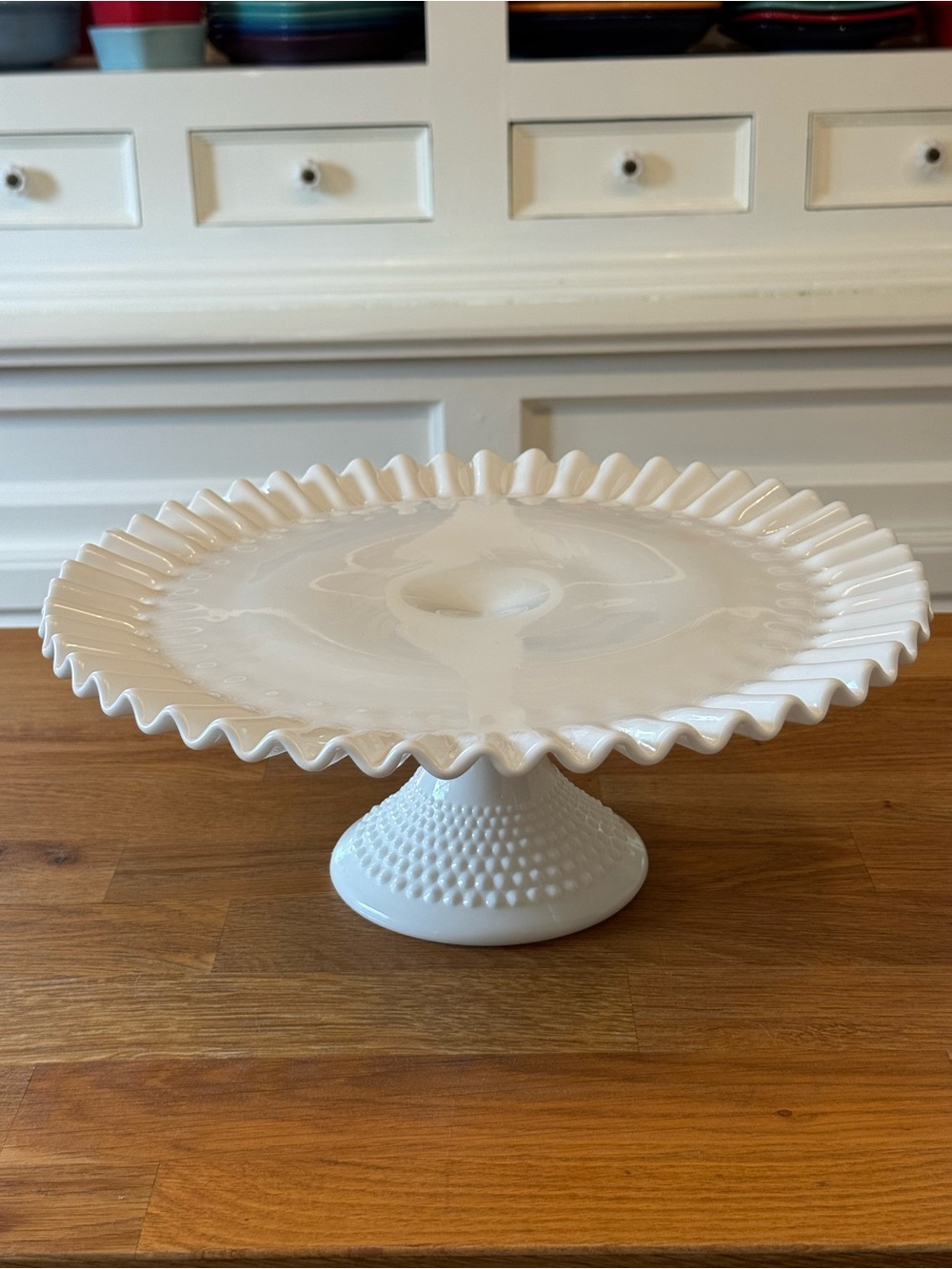 🍰 Vintage Fenton Hobnail Milk Glass Pedestal Cake Stand 13" Ruffled Edge